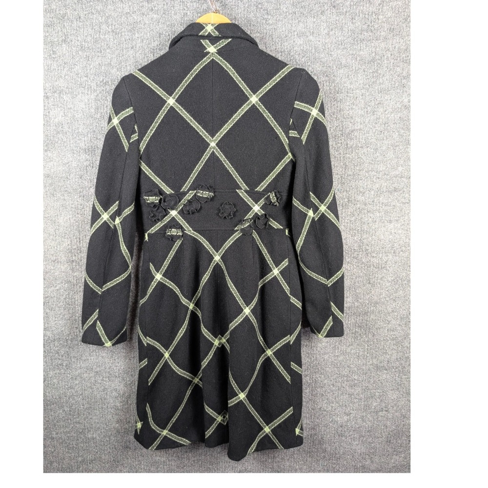 Tocca Trench Coat 8 Lambswool Silk Lined Plaid Black Lime Green Floral Applique - Picture 2 of 8